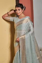 Premium Coral Blue Golden Zari Worked Border Heavy Banarasi Saree